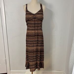 Vtg Karin Stevens Babydoll Midi Dress Sz 14‎ Striped Brown Sleeveless Earthy Y2K